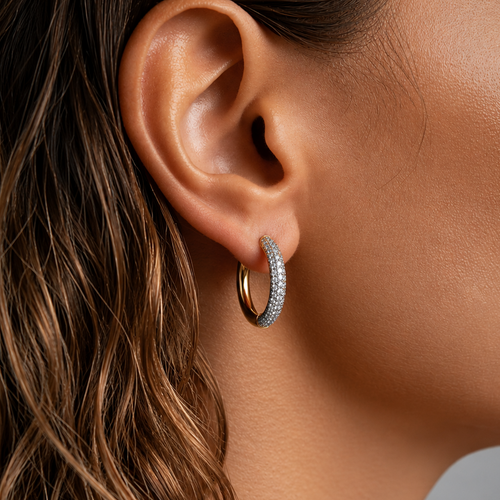 Clara Pavé Earrings – 24K Gold, Zircon, Huggie – detail view