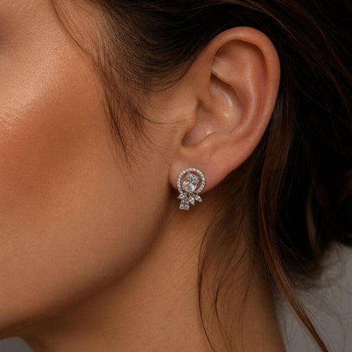 Celine Emerald-Cut Stud Earrings – Rhodium, Brass, Zircon, Statement, Floral – detail view