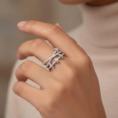 Astra Kinetic Crossover Silver Zircon Ring – Rhodium, Brass, Crystal, Statement, Modern – detail view