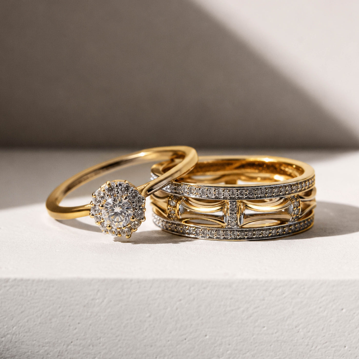 The Golden Portico Rings – Architectural Statement Ring Set