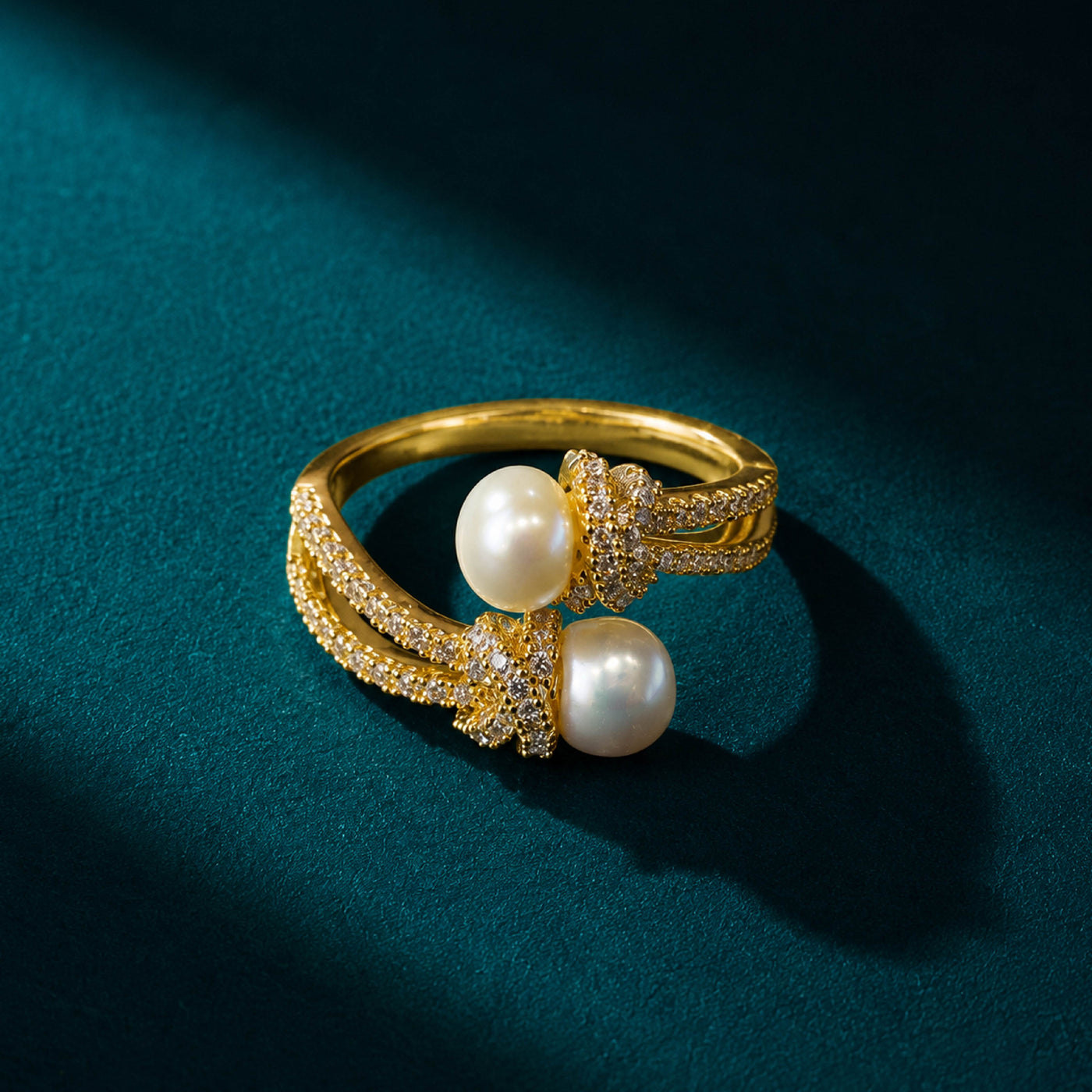 Dual Pearl Pavé Bypass Ring – Modern Pearl Ring for Women