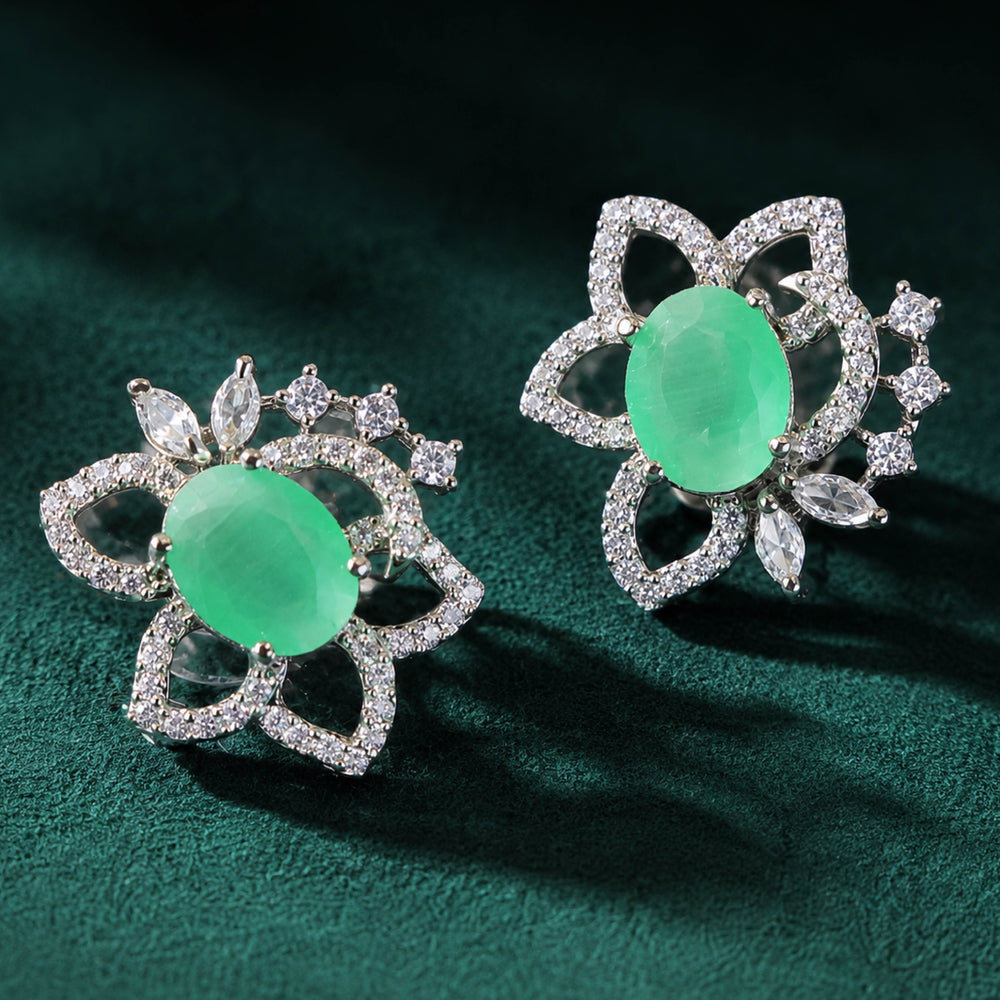 Verdant Blossom Earrings – Floral Earrings with Green Crystal Accents