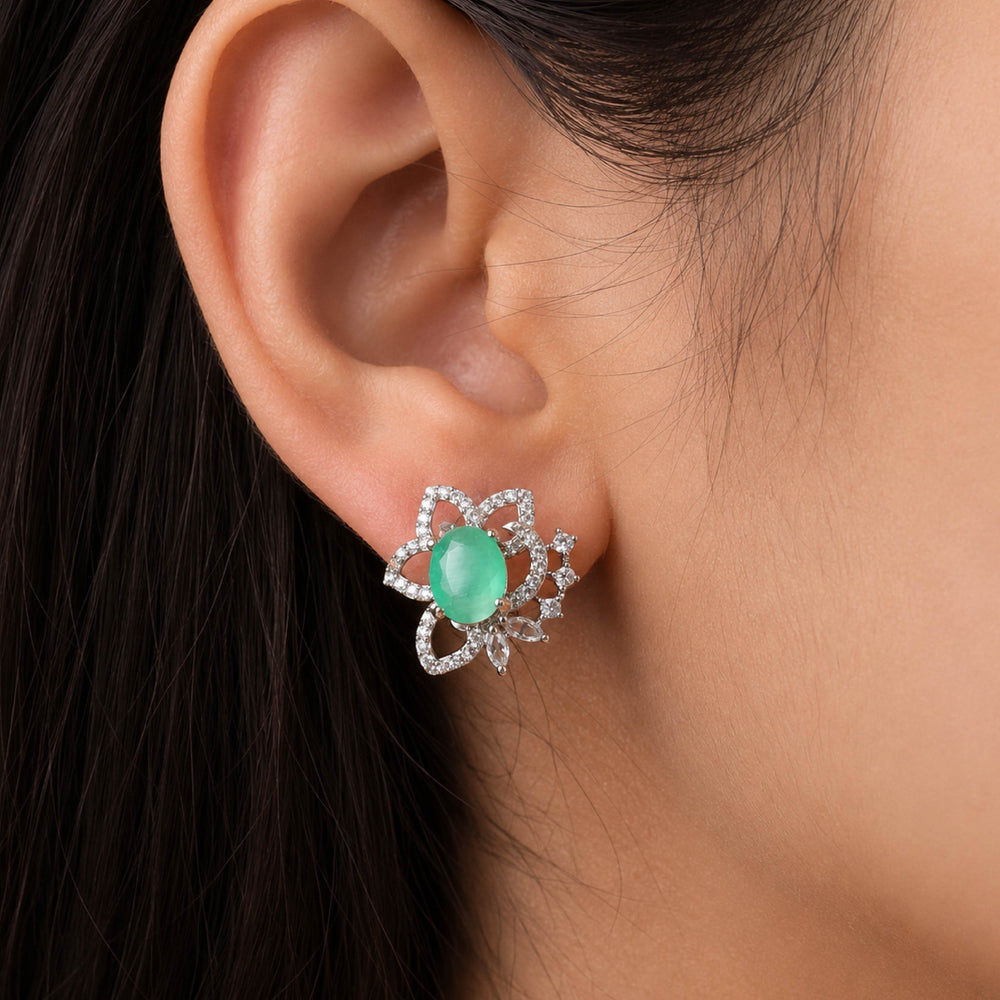 Verdant Blossom Earrings – Floral Earrings with Green Crystal Accents - Back