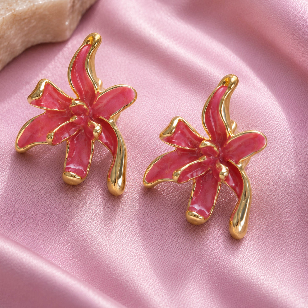 Enamelled Orchid Studs – Floral Stud Earrings with Pink Enamel Accents