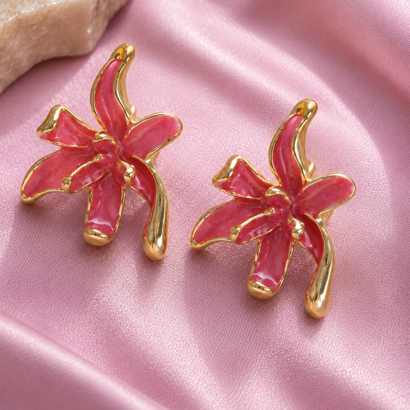 Enamelled Orchid Studs – Floral Stud Earrings with Pink Enamel Accents