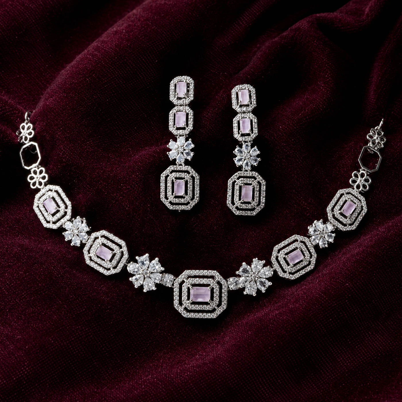 Rose Octagon Set – Pink Crystal Necklace Set