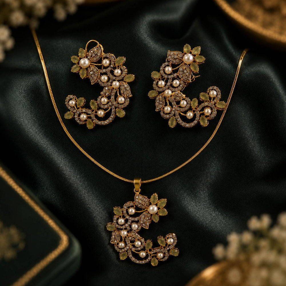 The Olivine Petal Set – Floral Jewelry Set for Women with Pearls