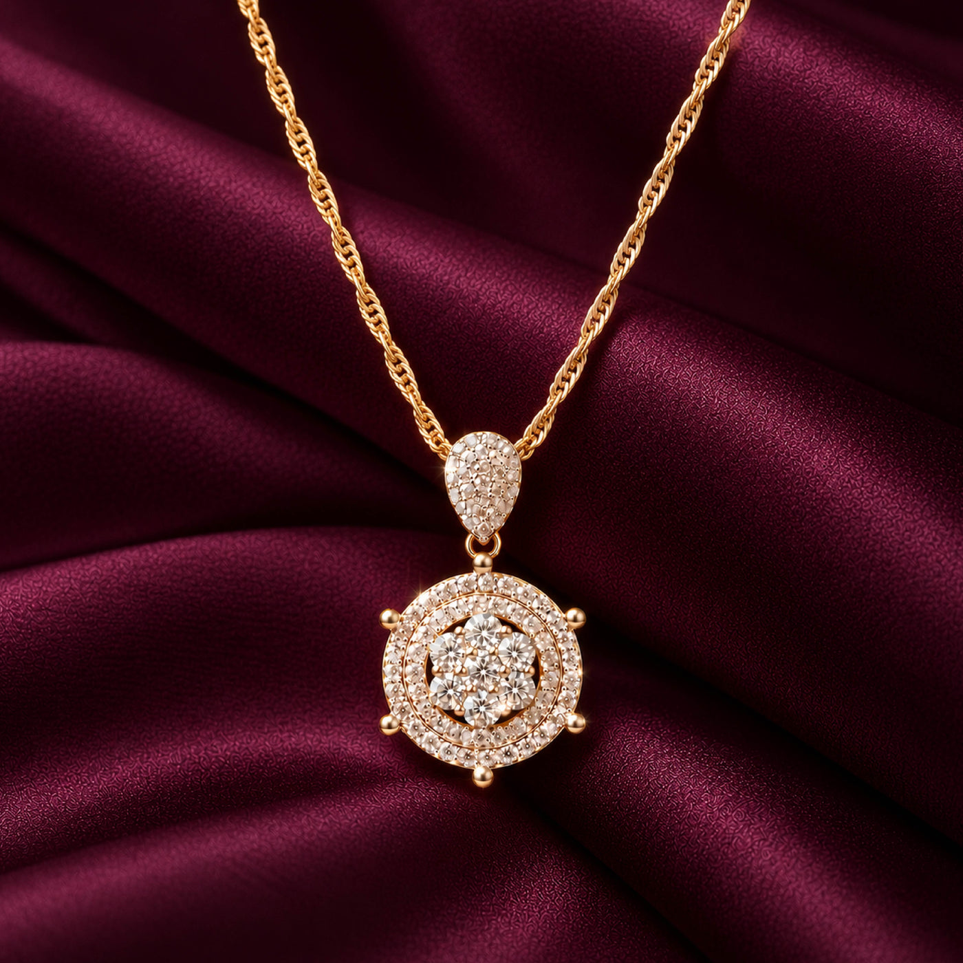 Radiant Halo Gold Pendant for Women – Crystal Medallion Necklace