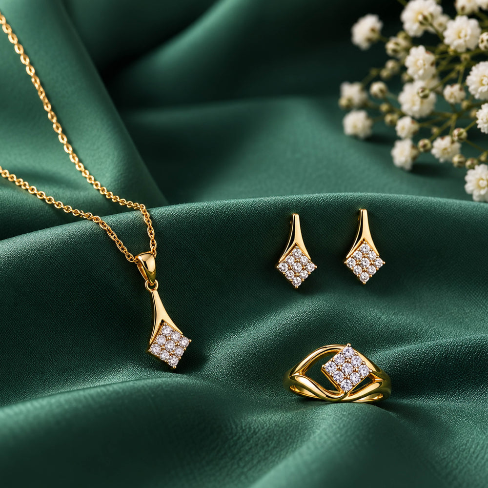 Rhombus Diamondette Set – Geometric Gold Diamond Pendant Set