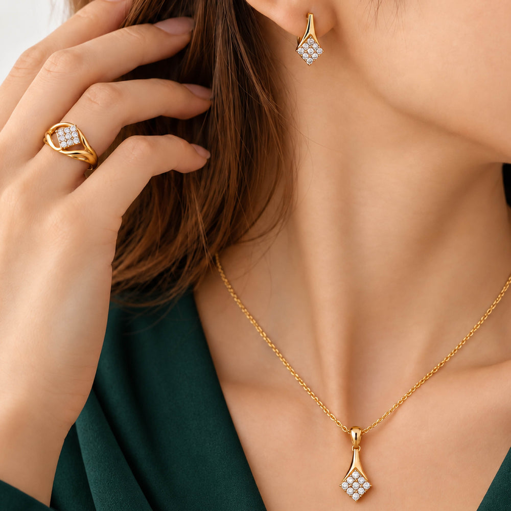 Rhombus Diamondette Set – Geometric Gold Diamond Pendant Set - Back