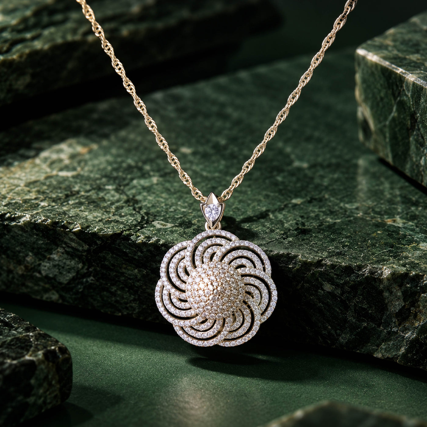 Kinetic Bloom Set – Swirling Flower Pendant Set for Women