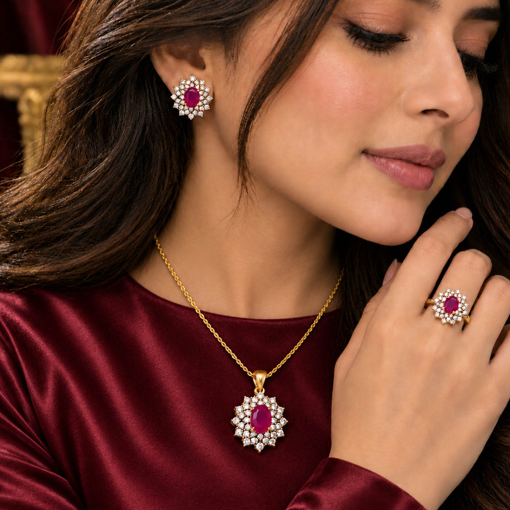 Ruby Sunburst Set – Ruby Pendant Set for Women - Back